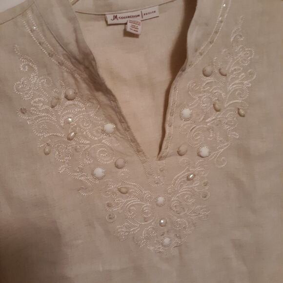 JM Collection 100% Linen Shirt Beaded Embroidered Bodice 3/4 Sleeve Size 12P LN - Picture 3 of 7